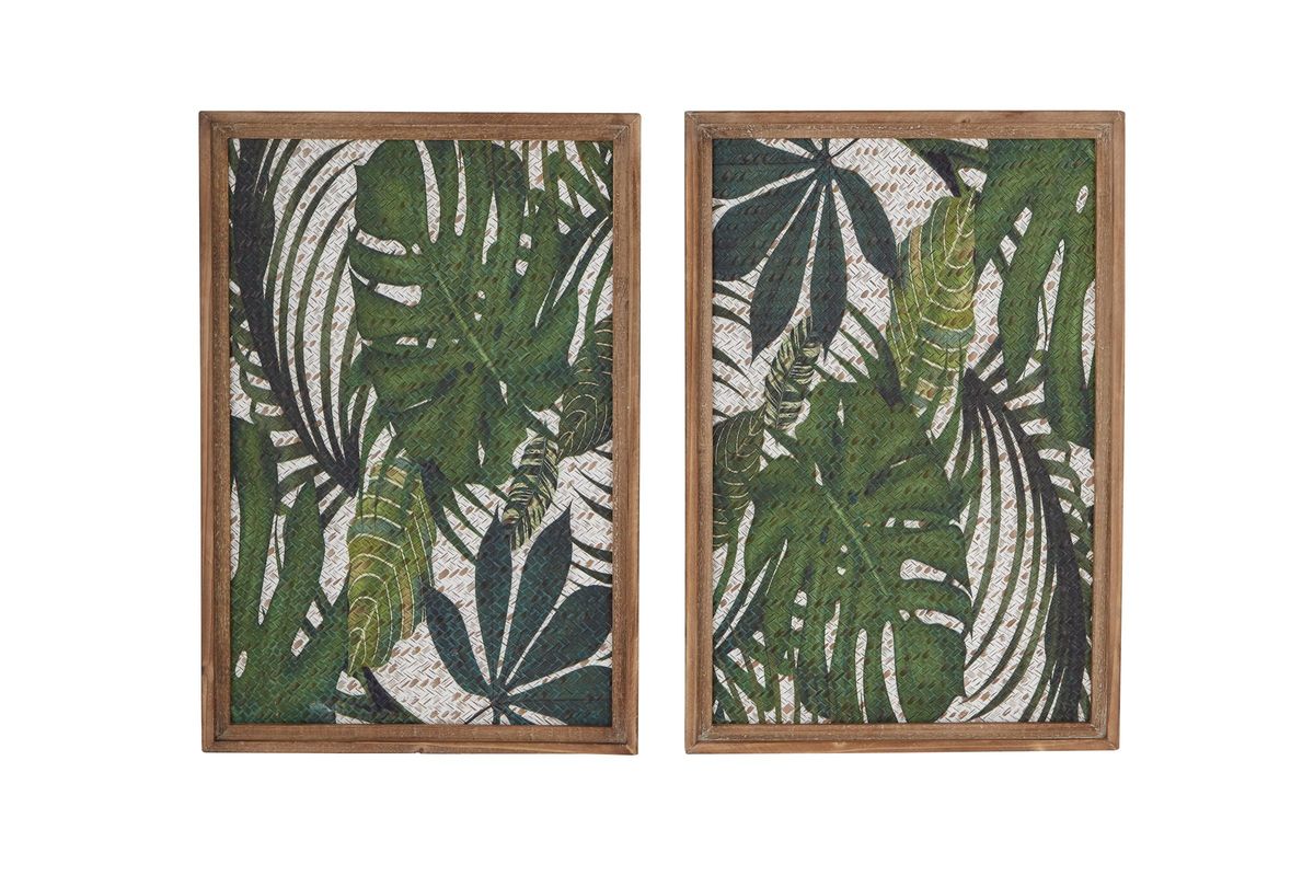 Natural Brown and Green Wood Framed Leaf Art Wall Decor Set of 2
