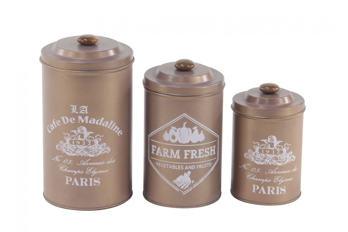 Farmhouse Round Brown Tin Canisters with Wooden Lid Set of 3