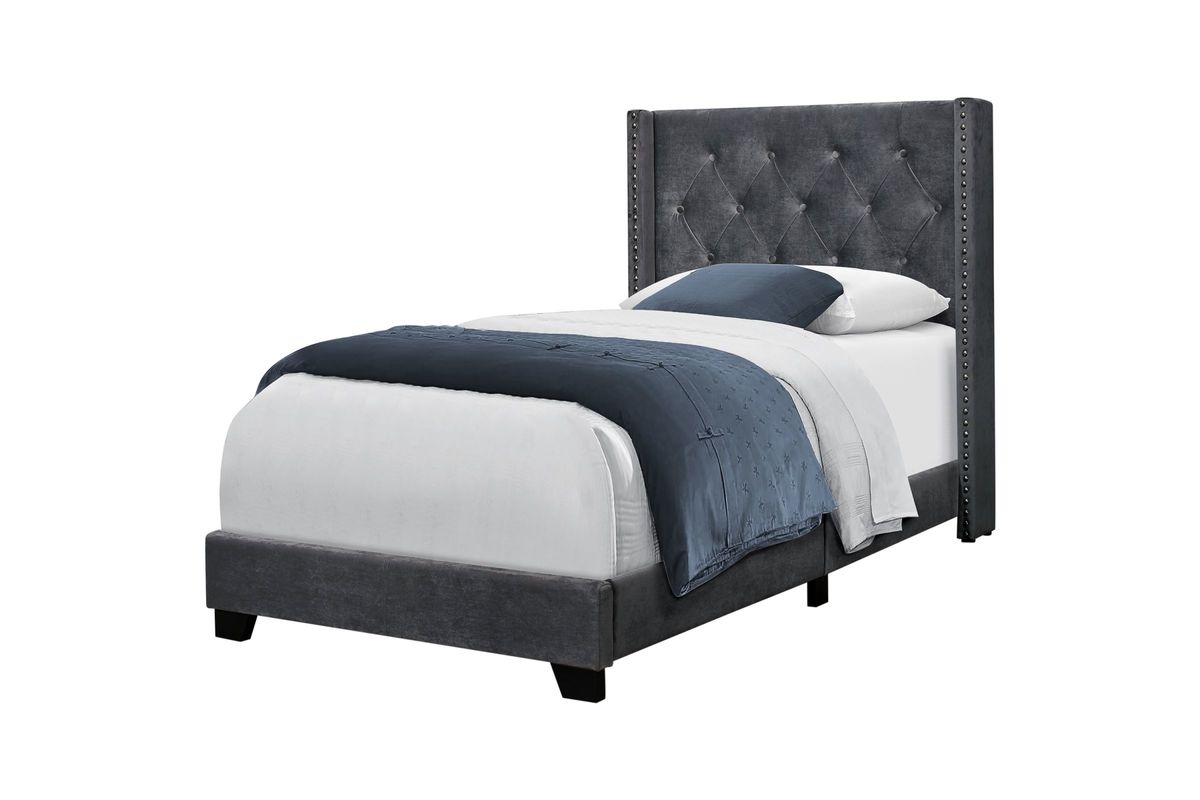 Dark Grey Velvet Twin Bed with Tufting & Nailhead at GardnerWhite