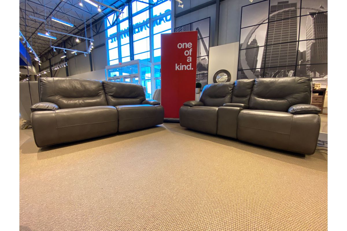 Cheers Taupe Leather Power Reclining Sofa and Loveseat