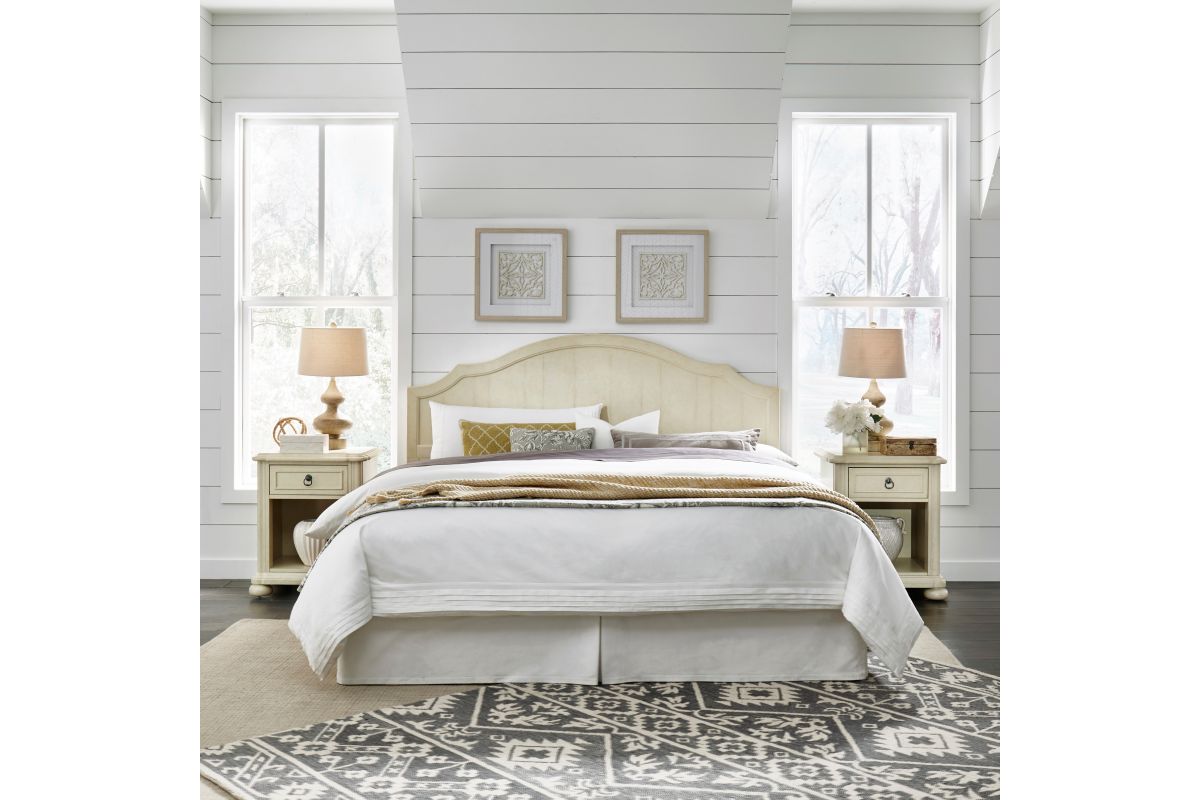 Provence Antiqued White King Headboard & 2 Night Stands