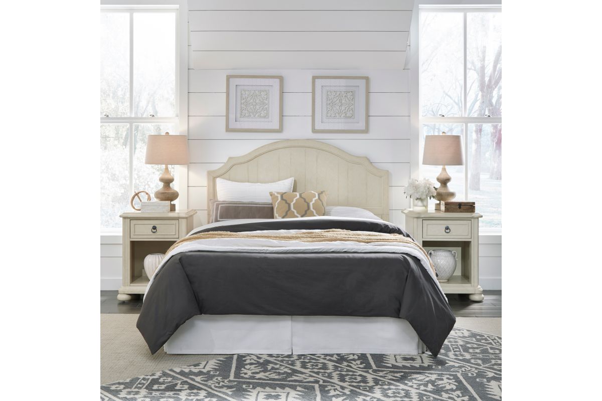 Provence Antiqued White Queen Headboard & 2 Night Stands